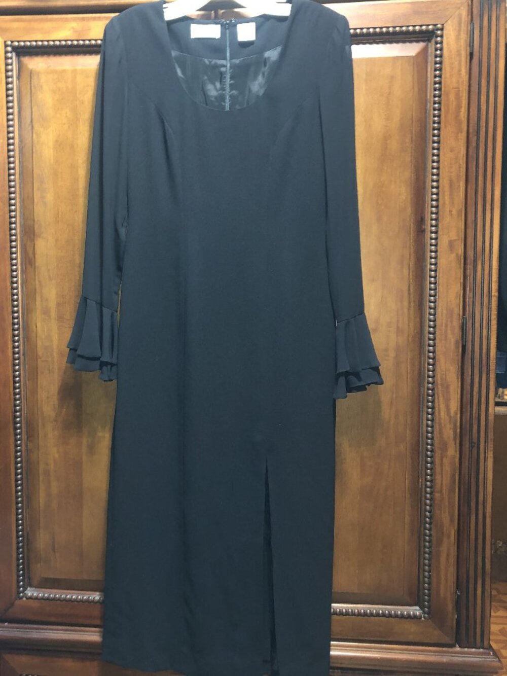 Vintage Liz Claiborne 90s Black Maxi Dress Front Slit Ruffle Sleeve Size 4